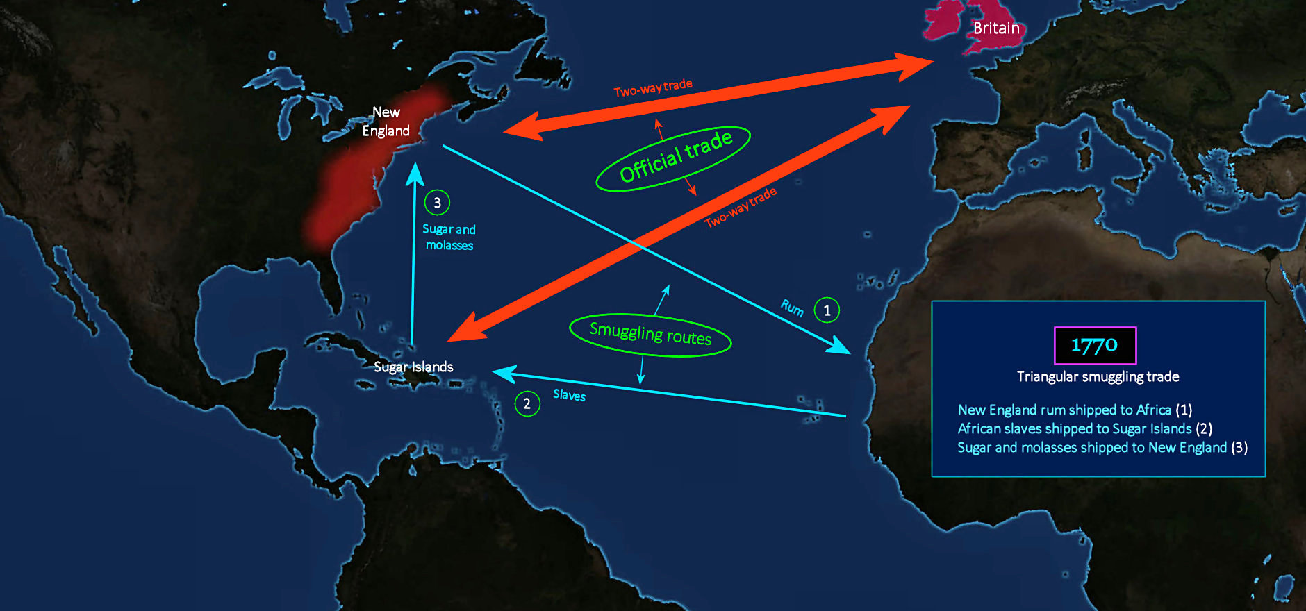 Triangular trade and smuggling, 1770 map